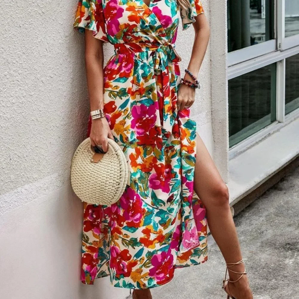 Floral Print Butterfly Sleeve Split Thigh Belted Dress - Picture 4 of 4